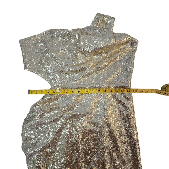 BCBGMAXAZRIA Gold Sequin One-Shoulder Mini Dress Draped Detailing Side Cutout XL - Picture 13 of 16